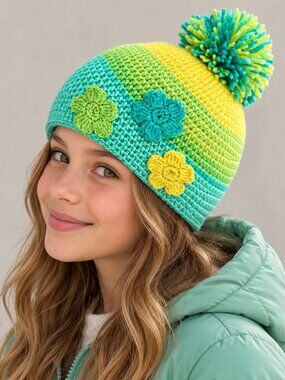 Handmade Crochet Girls Beanie Hat Floral Pom Pom Yellow Mint Green Ages 4-8